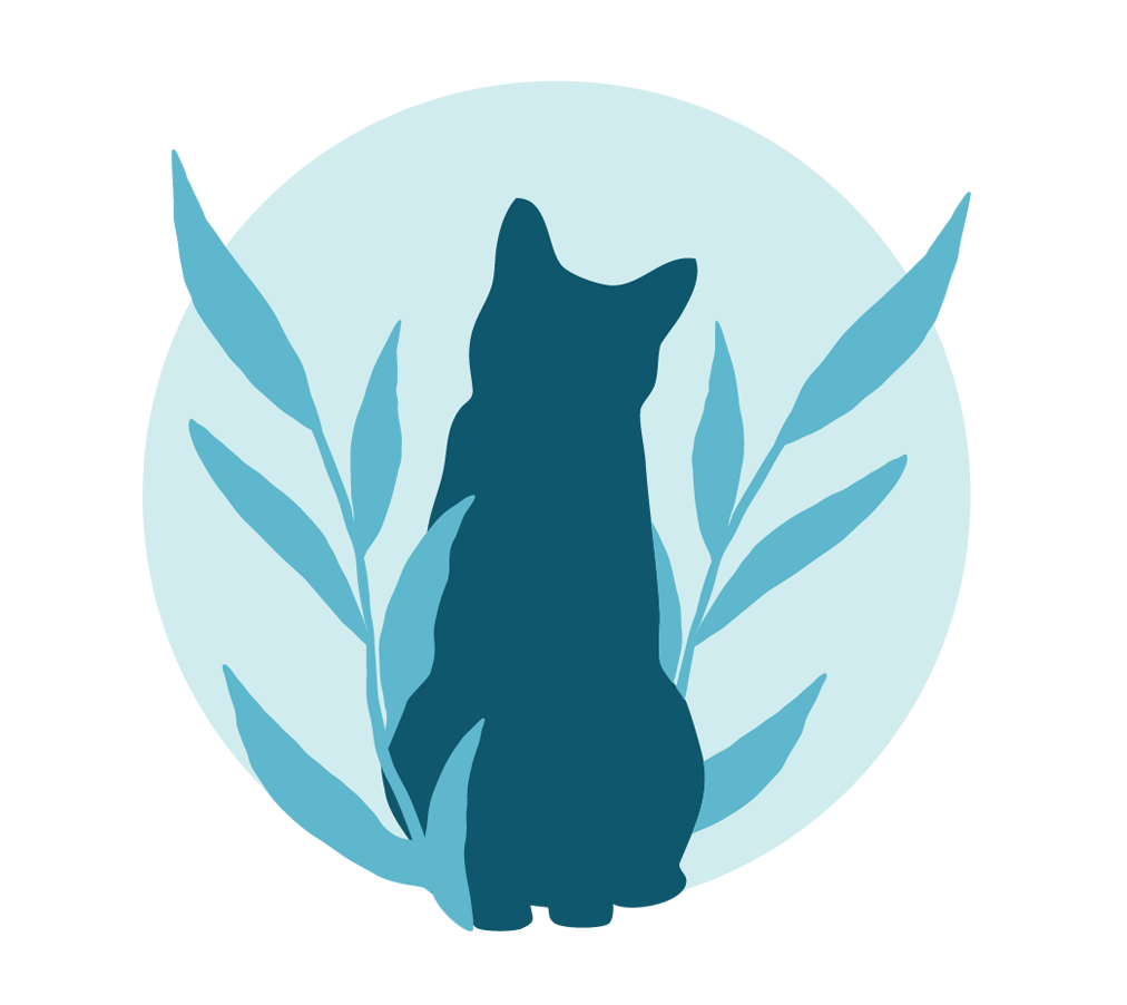Cat silhouette with botanical leaves icon, representing calm feline veterinary care in Peachtree City, Georgia 